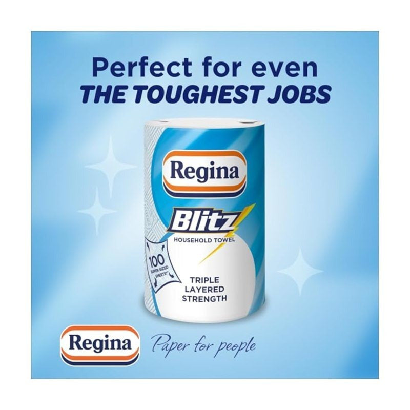 Regina Blitz Household Towels – 12 Rolls Per Pack, 3-Ply Kitchen Roll, 70 Sheets Per Roll, Paper Packaging