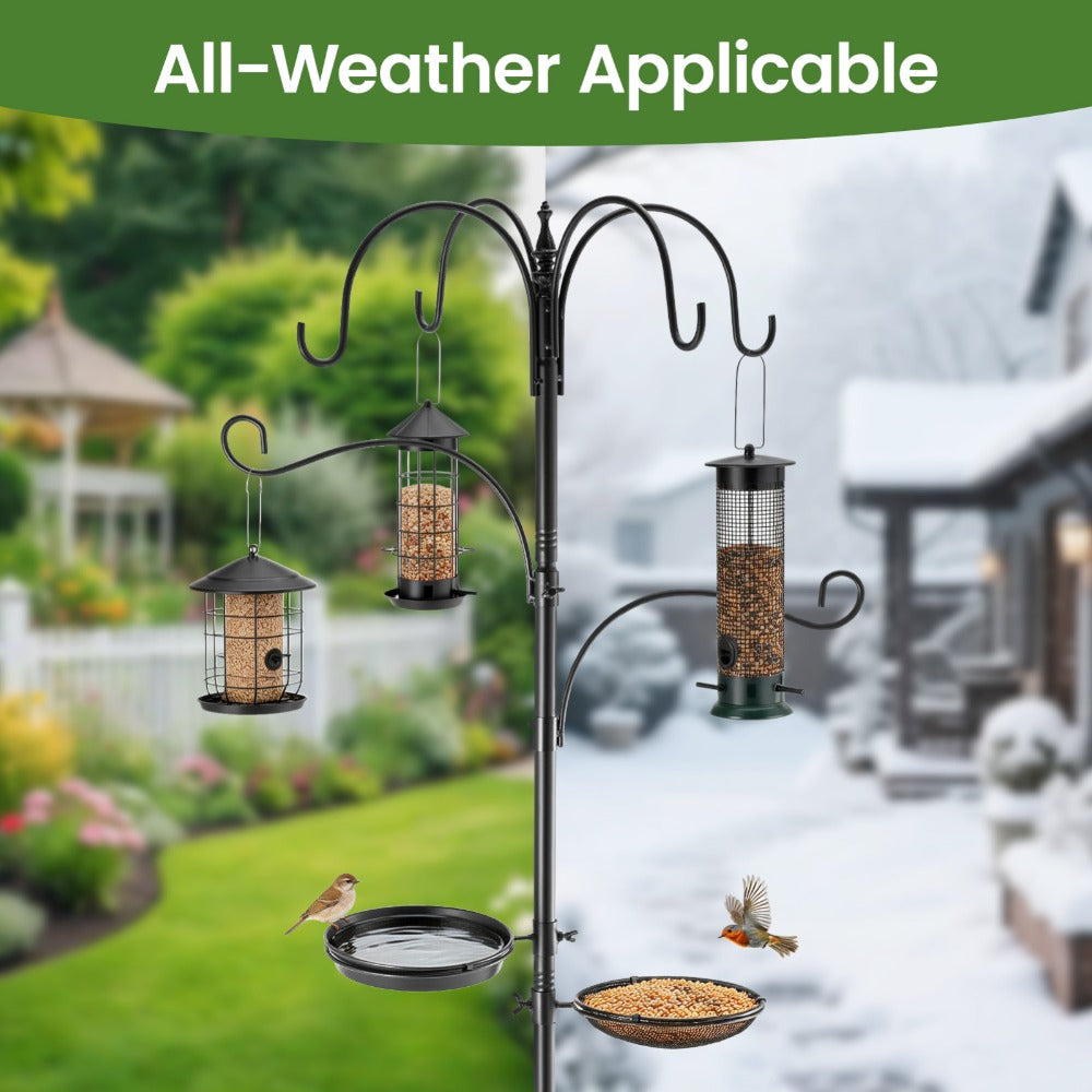 Bird Feeding Station 226cm 6-Hook All-in-One Kit – Heavy Duty Metal Pole with 5-Prong Base, Mesh Tray & 2 Dishes | Free Standing Wild Bird Feeder Stand with Shepherd Hooks for Garden & Patio