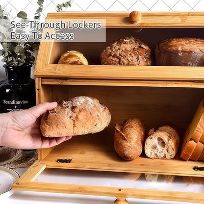 Double Layer Bamboo Bread Box Bread Bin with Transparent Window, Suitable for Kitchen and Dining Room, Pantry Organization Keeps Bread, Fruits, Snacks Fresh, Natural/Black