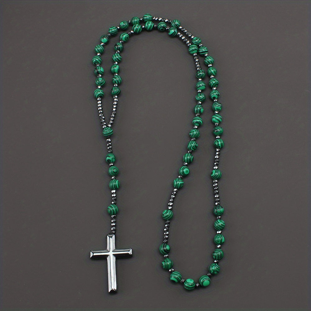 1pc Fashion Vintage Style Jewelry Round Bead Malachite Black Howlite Cross Religious Prayer Beads Men's Long Necklace for Daily Wear