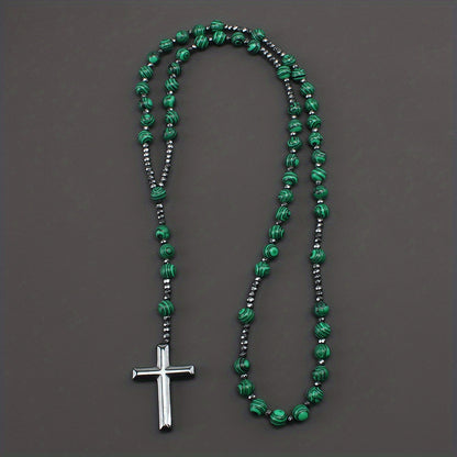 1pc Fashion Vintage Style Jewelry Round Bead Malachite Black Howlite Cross Religious Prayer Beads Men's Long Necklace for Daily Wear