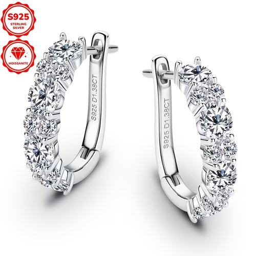 Silvery Weight 2.36G, Moissanite 4Mm*8pcs, 2Mm*12pcs, 1.38 Carat*2pcs, 1 Pair Of Synthetic Moissanite Ear Hoops, 925 Silver Women'S Fashion Hoop Earrings, Round Moissanite Earrings, Exquisite Ear Hoops, Earrings, Moissanite Jewelry