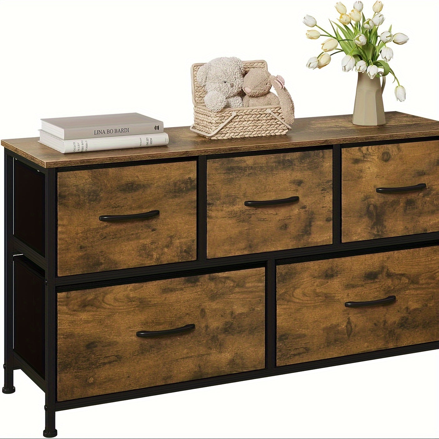 5-Drawer Fabric Chest of Drawers with Metal Frame – Vintage Wood Look Sideboard & TV Cabinet for Living Room, Bedroom & Hallway, Black