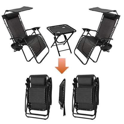 Zero Gravity Sun Lounger Set 3 Piece with Folding Table Canopy Shade Cup Holder Reclining Garden Patio Beach Chairs Breathable Mesh Black