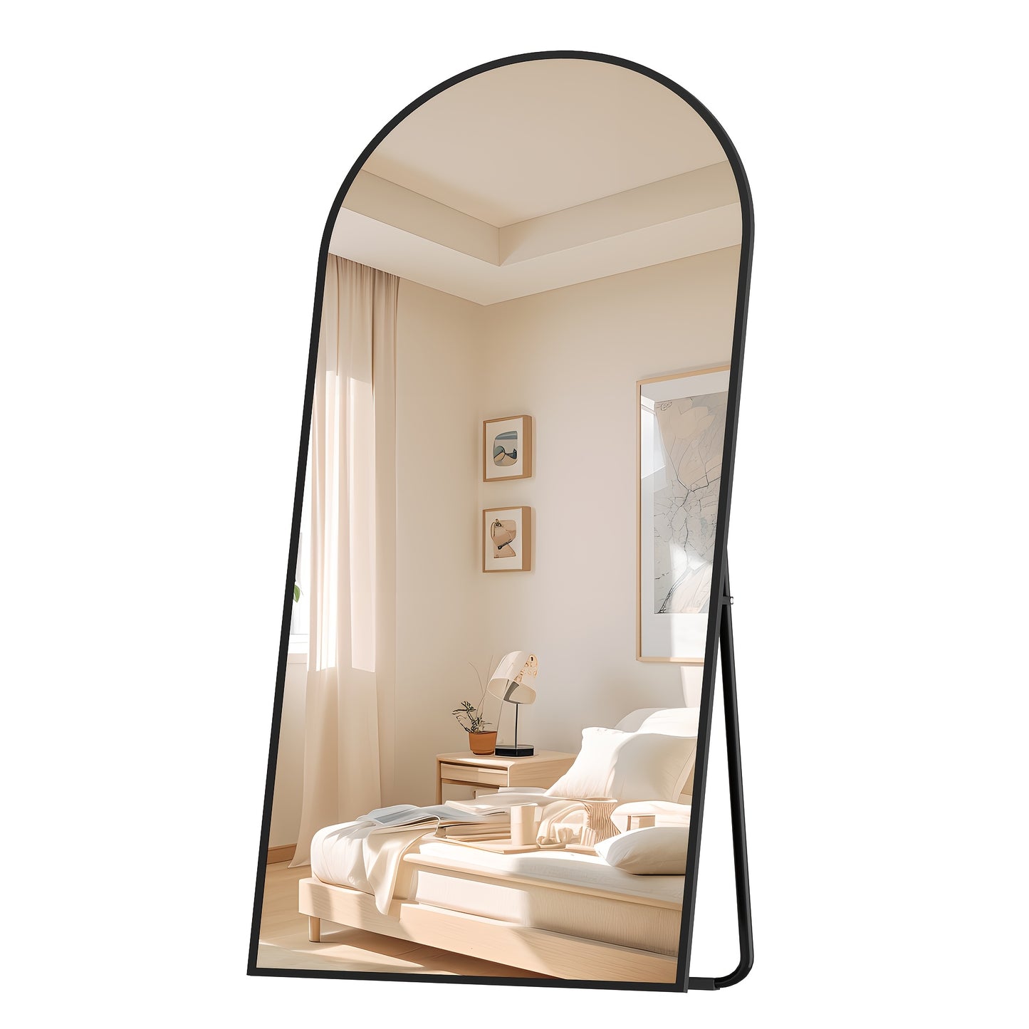 Arched Floor Mirror with Stand | Tempered Glass, Aluminium Alloy Frame, Black, Modern Style, Suitable for Bedroom and Living Room Entry, Vertical Orientation, HZUANERI Brand