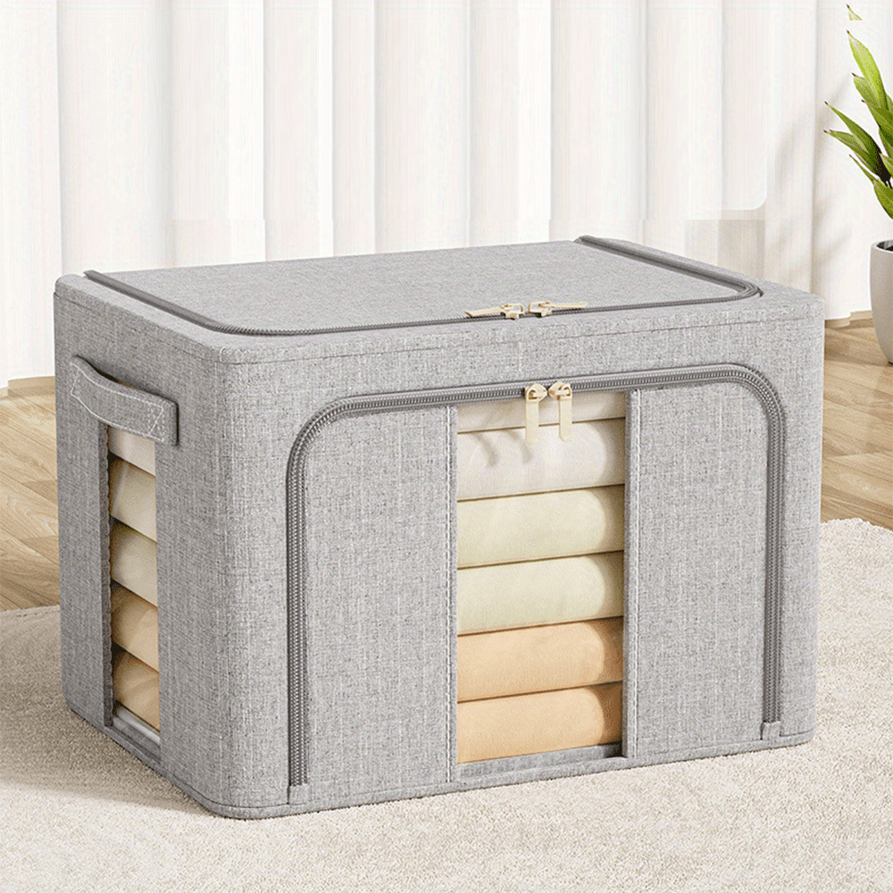 66L Foldable Storage Box with Clear Windows - Extra Thick Cotton Linen Fabric Organizer Bins | Space-Saving Stackable Design for Clothes, Blankets & Bedding Storage (Zipper Closure, Wardrobe Essential)