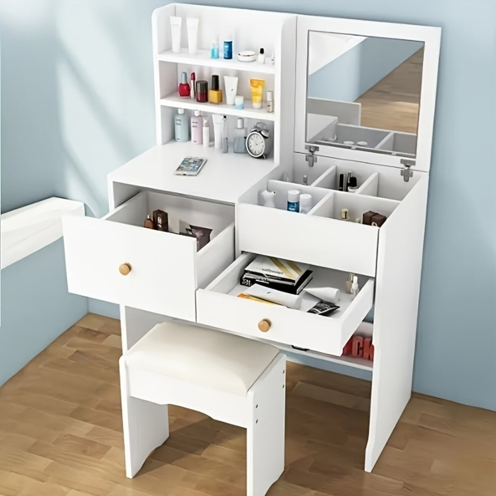 Dressing Table with LED Lights, Sliding Mirror & Stool – 4 Drawers, 5 Open Compartments, USB Makeup Vanity Table, Modern White Bedroom Furniture