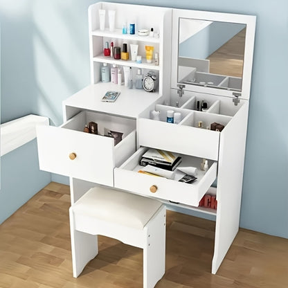 Dressing Table with LED Lights, Sliding Mirror & Stool – 4 Drawers, 5 Open Compartments, USB Makeup Vanity Table, Modern White Bedroom Furniture