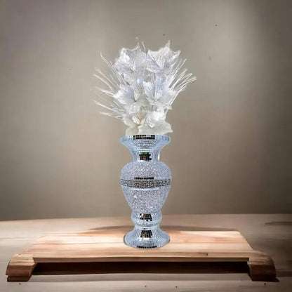 Crushed Diamond Ceramic Silver Vase, Diamante Bling Home Ornament, 30cm, Sparkly Mirrored Flower Vase