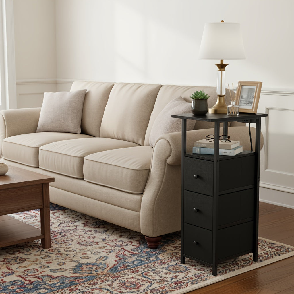 Bedside Table with Charging Station, Affordable Space-Saving Modern Wood And Metal Furniture, 3 Fabric Drawers, Perfect for Small Spaces, 1pc 2-Pcs, Assembly Required