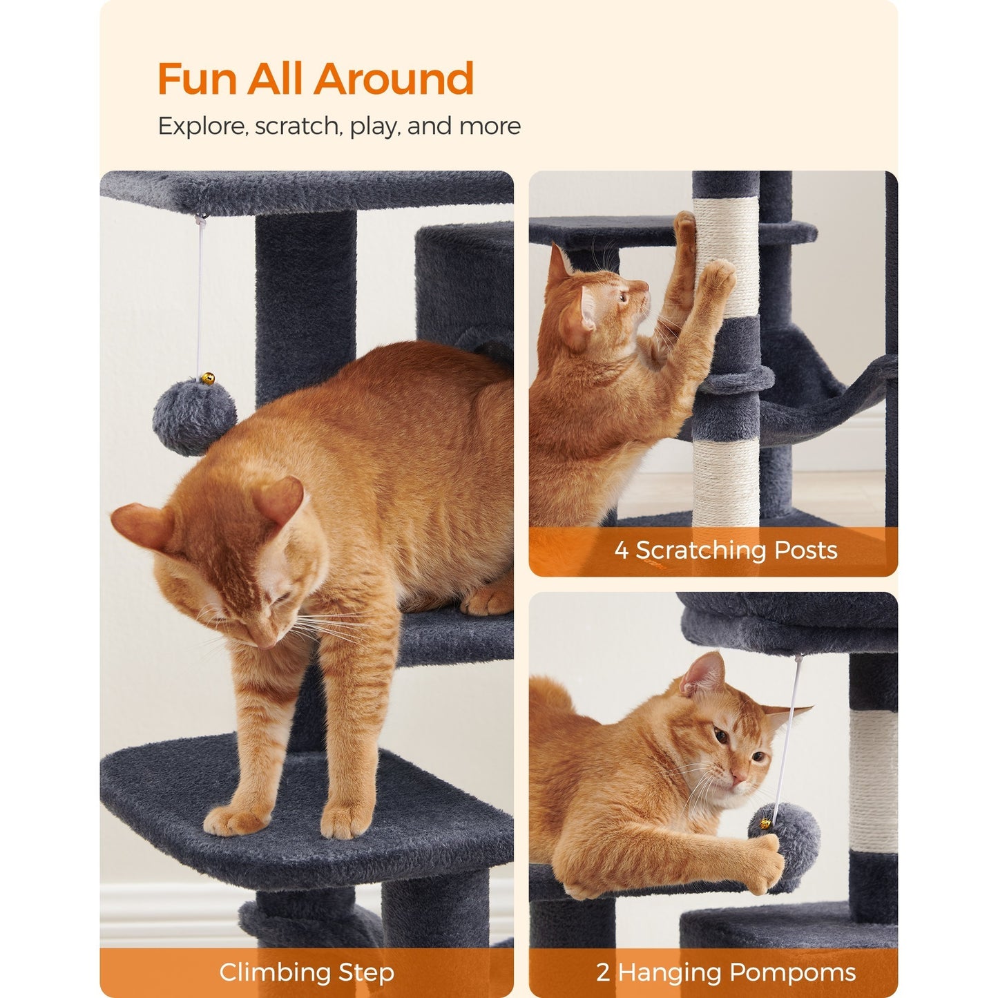 112 cm Cat Tree, Multi-Level Soft Plush Cat Tree, Cat Tower Condo with 4 Cat Scratching Posts, Hammock, Cave, Platform, Toys, Pink/White/Beige/Grey, Easy Assembly and Sturdy, Indoor Cat Furniture