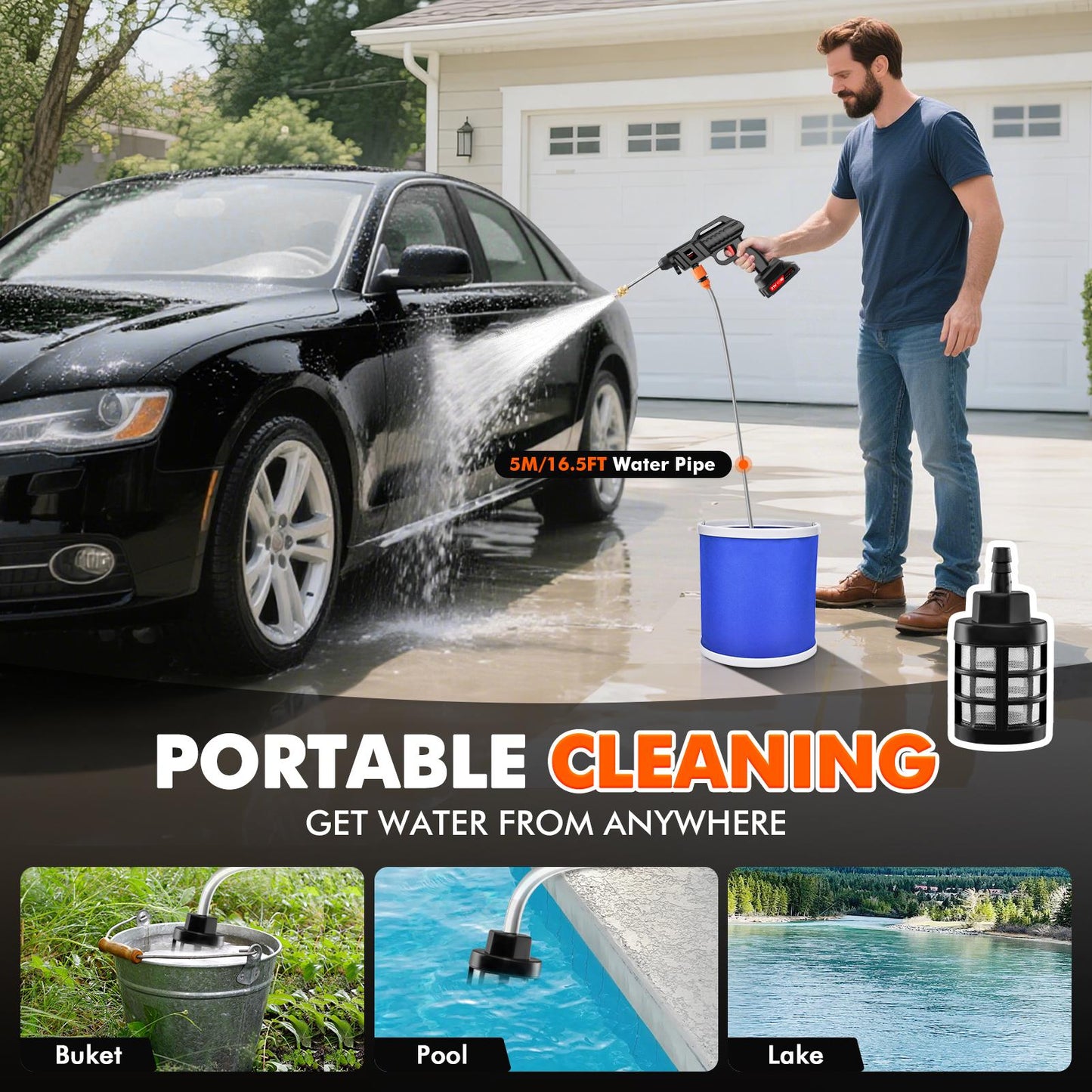 60 Bar/870 Psi High-Pressure Washer, Portable Pressure Washer, Electric Car Wash Machine, 1500W High-Power Motor, Includes 3 Multi-Function Nozzles, 2 Batteries, 5M Hose, 1 Charger, Ideal for Car Washing And Yard Cleaning