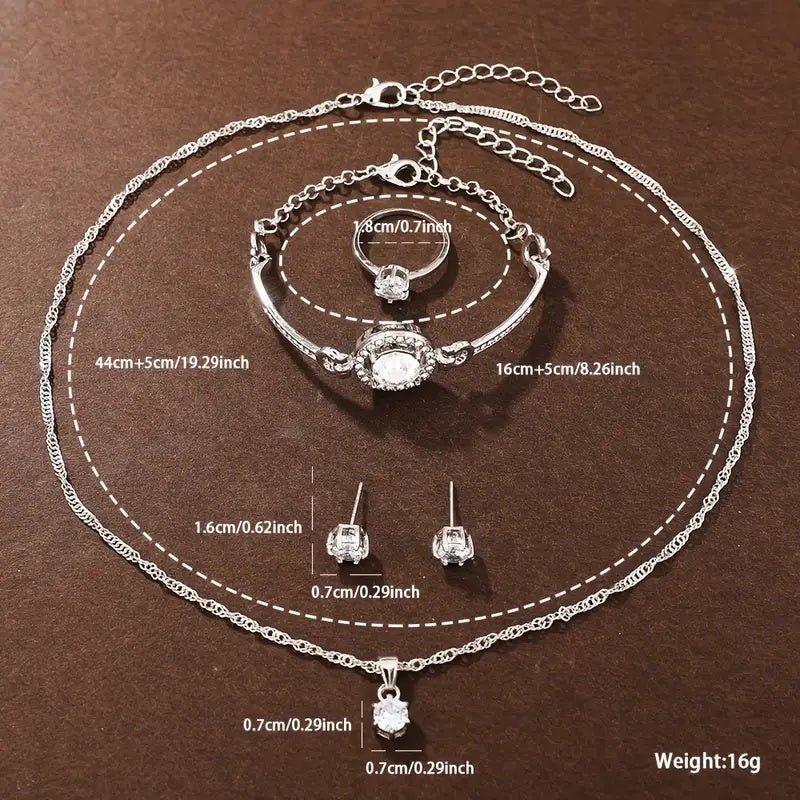 6pcs New Ladies' Gorgeous And Fashionable Silvery Quartz Watch+ New Silvery Jewelry Set Valentine'S Day, Easter, Ramadan, Wedding, Birthday Party, Christmas Horror, Halloween, Give Friends Gifts Eid Al Adha