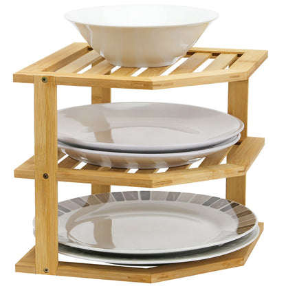 Bamboo Cabinet Shelf Organiser - 3 Tier Corner Shelf for Kitchen & Bathroom Countertop Cabinet Organiser Plate Rack Tidy Cupboard Shelf Insert Storage Organisation