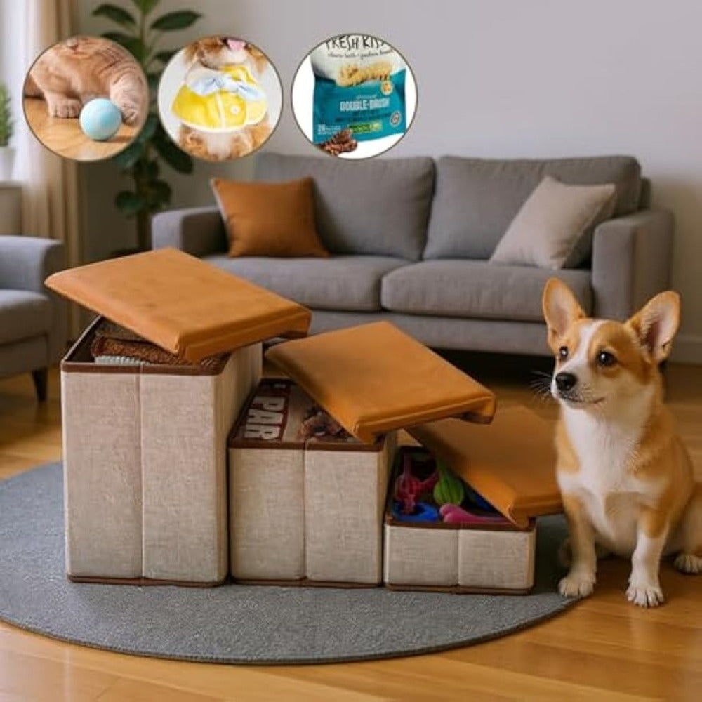 Foldable Dog Stairs 3 Tier with Storage Compartments – Adjustable Pet Steps for Bed & Sofa, Soft Flannel, 60x35x31cm | Small & Medium Dogs and Cats