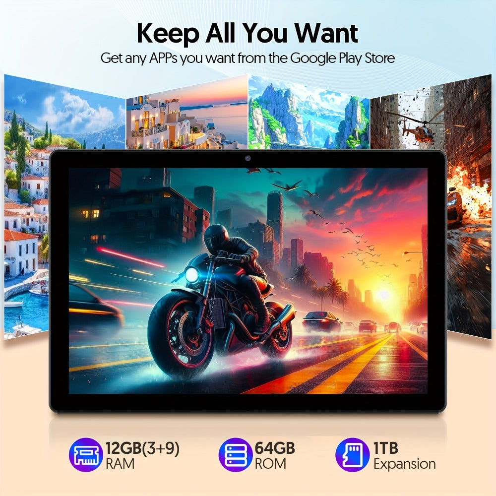 Android 15 Tablet 12GB RAM 64GB ROM 1TB Expandable Quad-Core 6000mAh - 10 Inch WiFi Tablet with Case or Keyboard Set Option Black
