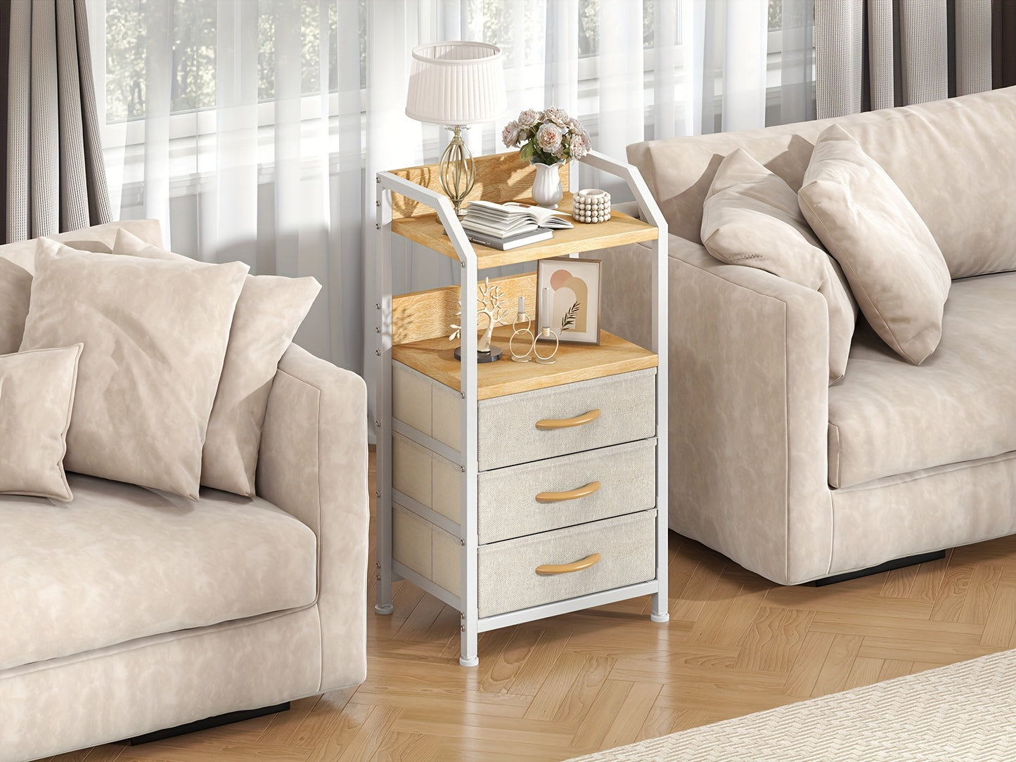 Modern End Table with 3 Fabric Drawers & 2 Open Shelves - Metal Frame Bedside Table, Light Beige Finish, 68.58cm Height, 3, 2 Cu Ft Storage, Easy Assembly for Bedroom & Living Room, Bedroom Nightstand, Contemporary Design, Sturdy Construction, Minimalist