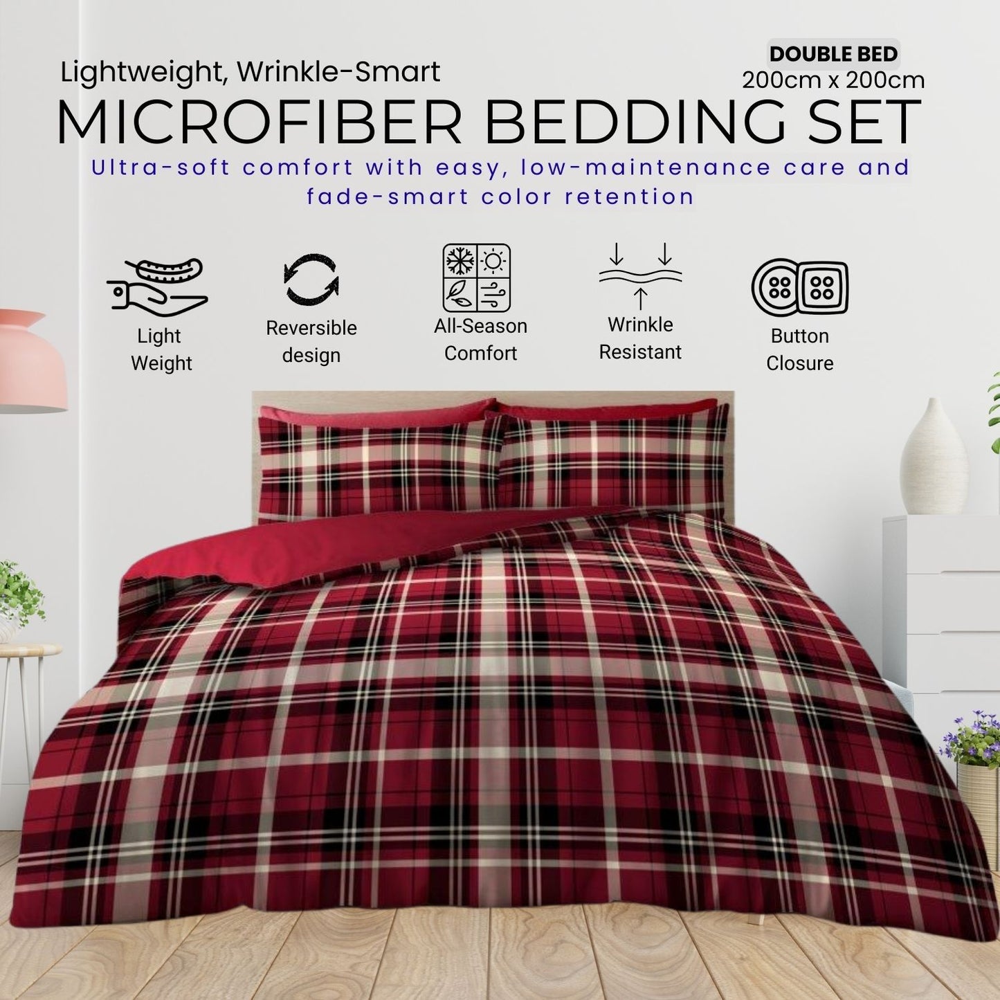 GC GAVENO CAVAILIA Tartan Check Duvet Cover with Pillowcases | Lightweight, Ultra-Soft & Wrinkle-Resistant Modern Bedding Set | Available in Single, Double & King Sizes | Machine Washable | Local Warehouse | UK Brand