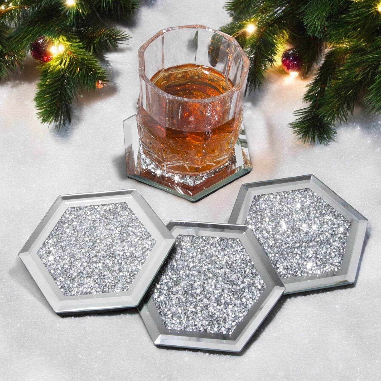 SERENA'S ® Set of 4 Hexagon Crystal Coasters – 10cm Glass Mirrored Drink Coasters with Glitter Crushed Diamond Design – Elegant Coasters for Home, Kitchen, Bar, or Table Decoration