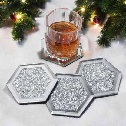 SERENA'S ® Set of 4 Hexagon Crystal Coasters – 10cm Glass Mirrored Drink Coasters with Glitter Crushed Diamond Design – Elegant Coasters for Home, Kitchen, Bar, or Table Decoration
