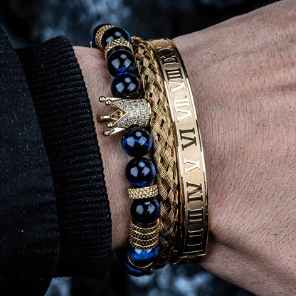 Men's Adjustable Bracelet - Casual Style, Stainless Steel with Gun Black Plating & Synthetic Zirconia - All Season Wear | Roman Crown Charm Design | Ideal for Daily Wear & Gifting
