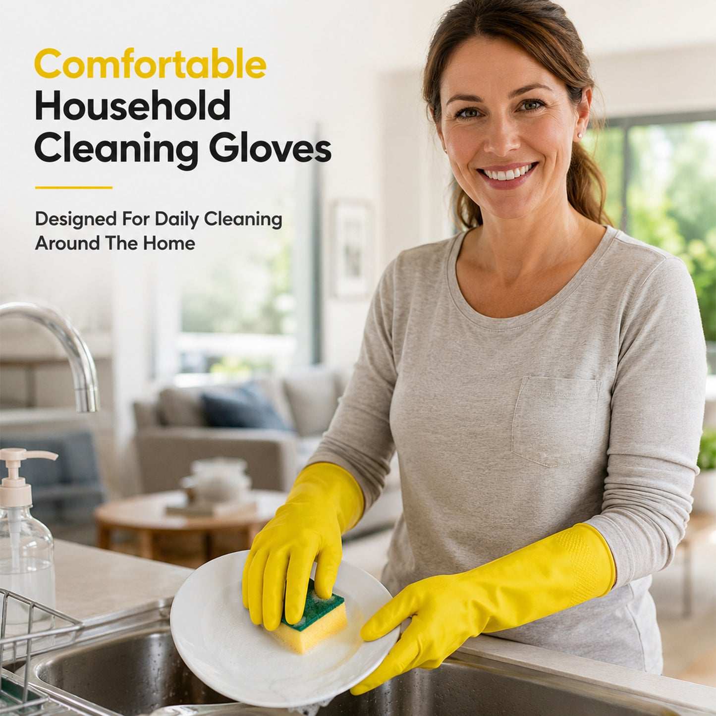 12 Pairs Medium Household Gloves | Yellow Durable Rubber Gloves for Cleaning | Waterproof Latex Washing Up Gloves with Non-Slip Grip | Comfortable Flock-Lined Gloves for Kitchen & Bathroom Use