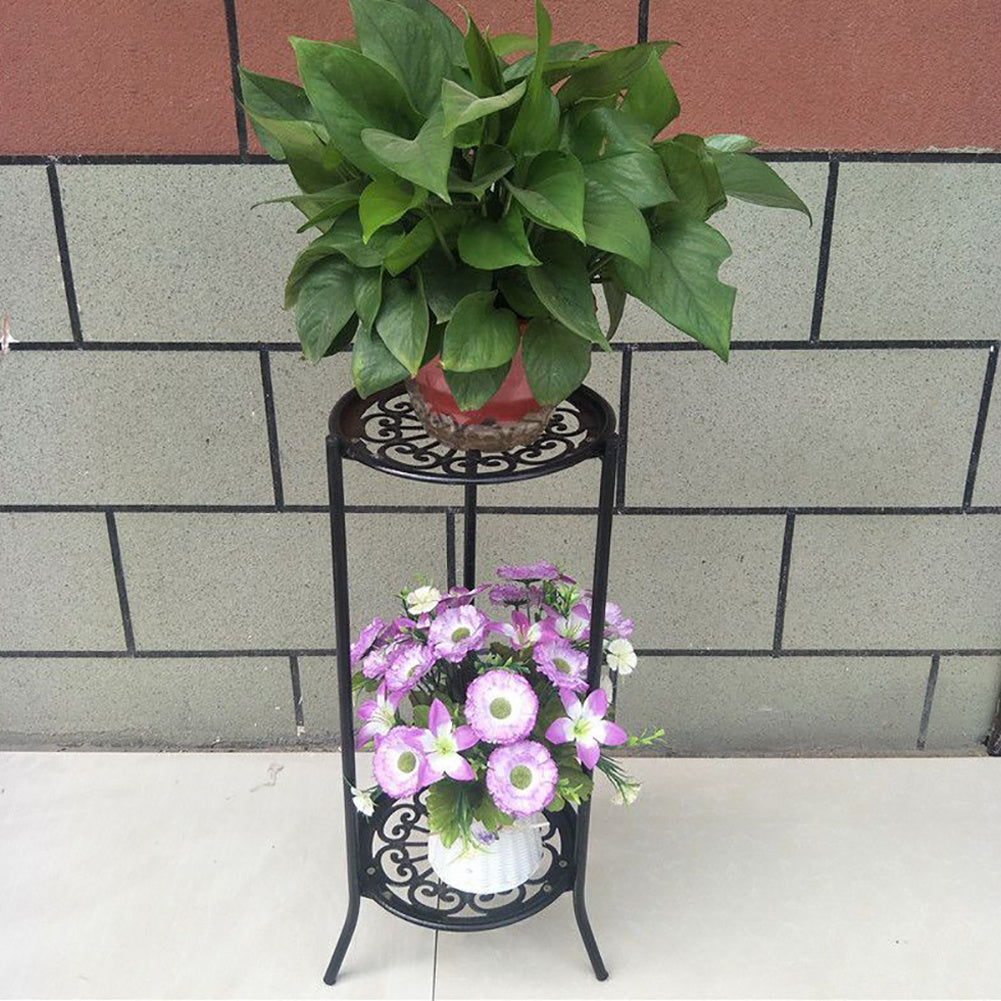 1PC Black Balcony Flowerpot Rack, 2-story Metal Plant Display Rack, Circular Display Base for Office and Living Room, Size 23*23*56cm