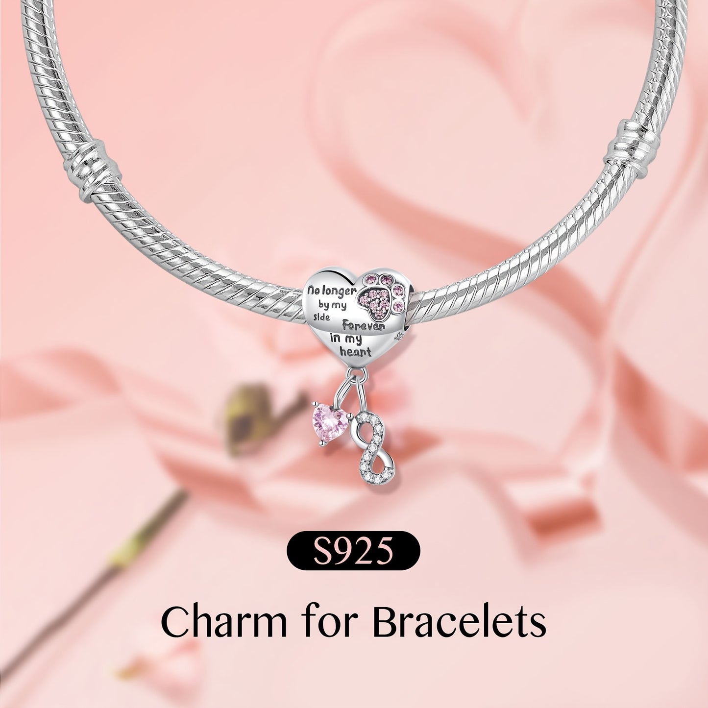 New S925 Sterling Silver Original Charm for Charm Bracelet "Forever in my heart" Pet Paw Charm Necklace Pendant Fashion Jewelry