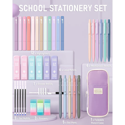 Four Candies 39pcs Cute School Supplies with Pen Case, 5 Black Ink Gel Pens, 12 Pastel Highlighters, 6 Aesthetic Mechanical Pencils Set
