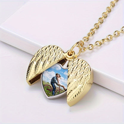Personalized Angel Wings Necklace Heart Box Pendant Custom Picture Open Box Angel Wing Pendant