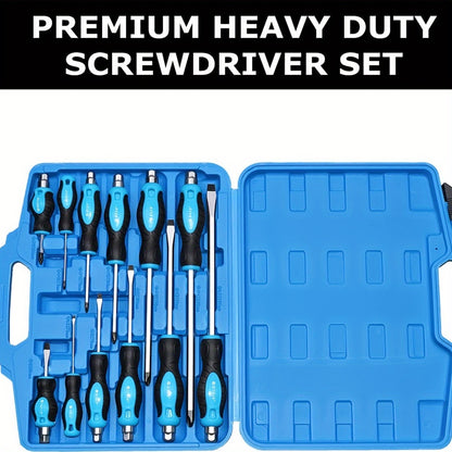 12pcs Magnetic Screwdriver Set, Heavy Duty Screwdriver Set Go-Thru Steel Blades, Professional Level Handle With Two Types Of Screwdrivers In Case, Includes Phillips/Flat