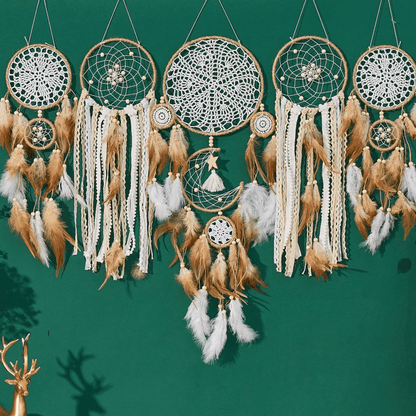Dream Catcher Set of 5 – Large Boho Metal Moon & Sun Wall Hanging Decor, Handmade Macrame Woven Feather Dream Catchers for Bedroom, Camel Colour, Halloween & Christmas Gift