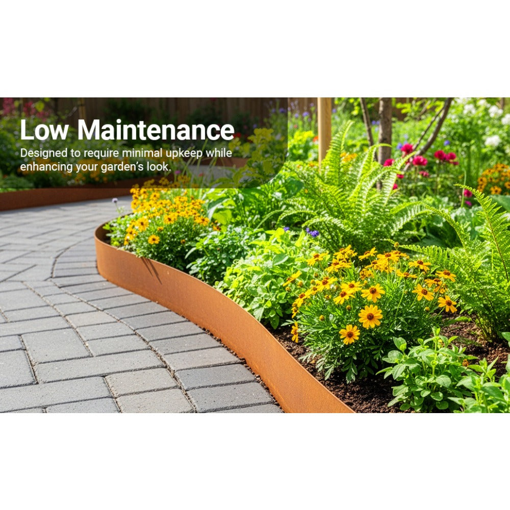 Corten Steel Lawn Edging 15cm x 5m – Pre-Aged Rust Finish, 0.3mm Thick Metal Garden Border for Lawns, Flower Beds & Gravel Paths | Gloves Included