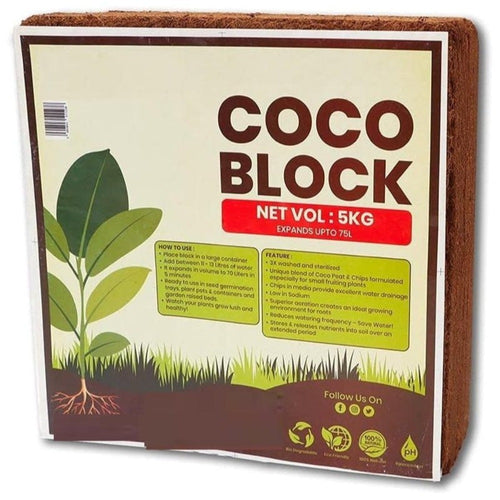 Coconut Coir Coco Block 5kg Expands to 70L – Compressed Coconut Fibre Compost for Plants, Reptiles & Growing Media, pH Stable, High Moisture Retention