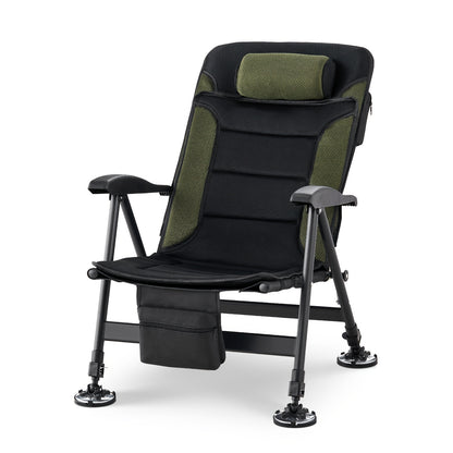 Portable Outdoor Fishing Chair, Thickened Aluminum Frame, 4-Level Adjustable Backrest, Telescopic Big Foot Legs, Breathable Mesh Detachable Cushion, Front And Rear Storage Bags with Tool Bag