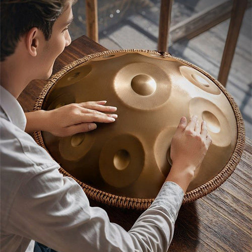 440Hz D minor Stainless Steel Handpan Drum or Sound Healing and Meditation 9-Tone Deep Golden with Carry Bag, Stand, 2 Hand Mallets, Music Note Stickers, Wiping Cloth