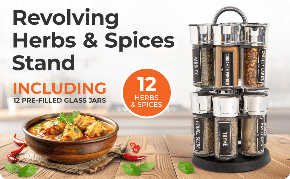FabFinds Everyday 12 Herbs & Spices Rotating Rack Pre Filled Spice Jars Carousel Stand Complete Kitchen Seasoning Gift Set Stylish Countertop Storage for Everyday Cooking