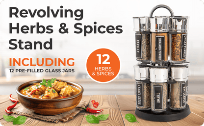 FabFinds Everyday 12 Herbs & Spices Rotating Rack Pre Filled Spice Jars Carousel Stand Complete Kitchen Seasoning Gift Set Stylish Countertop Storage for Everyday Cooking