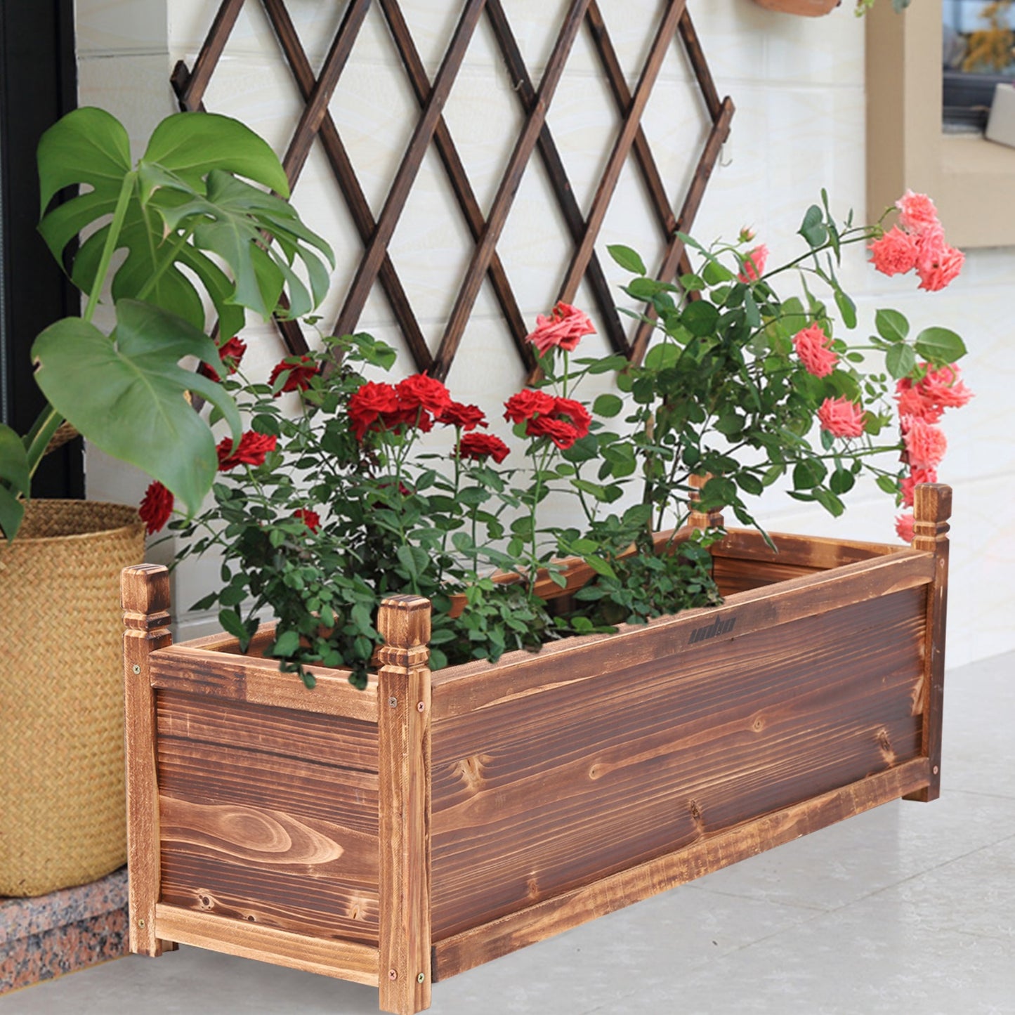 30cm/60cm/90cmL Wooden Rectangular Planter Box Raised Garden Yard Patio Flower Vegetable Planter Bed Indoors Outdoors