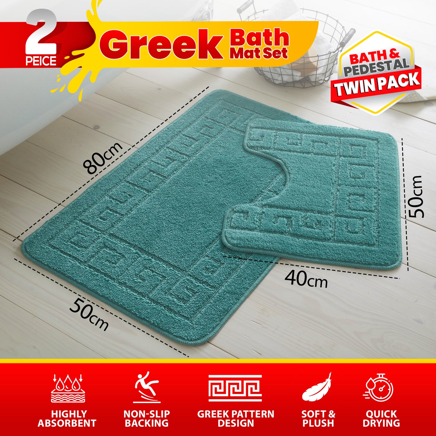 GC GAVENO CAVAILIA 2 Piece Greek Pattern Bathroom Mat Set | Soft & Plush 100% Polyester Bath Mat and Pedestal Rug | Non-Slip Backing, Highly Absorbent, Quick Drying |Machine Washable Bathroom Rugs | Ideal for Everyday Use | LOCAL WAREHOUSE | UK BRAND