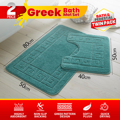 GC GAVENO CAVAILIA 2 Piece Greek Pattern Bathroom Mat Set | Soft & Plush 100% Polyester Bath Mat and Pedestal Rug | Non-Slip Backing, Highly Absorbent, Quick Drying |Machine Washable Bathroom Rugs | Ideal for Everyday Use | LOCAL WAREHOUSE | UK BRAND
