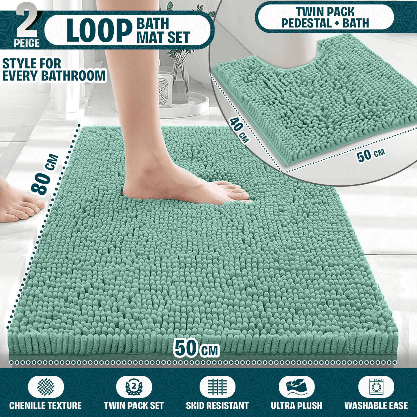 2-Piece Loop Bathroom Mat Set | Soft Chenille Microfiber Rugs with Non-Slip Backing | Machine Washable | Includes 50x80cm Bath Mat & 50x40cm Pedestal Mat | Stylish, Comfy & Durable | UK STOCK | LOCAL WAREHOUSE
