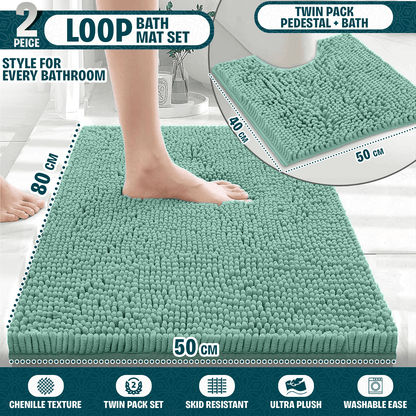 2-Piece Loop Bathroom Mat Set | Soft Chenille Microfiber Rugs with Non-Slip Backing | Machine Washable | Includes 50x80cm Bath Mat & 50x40cm Pedestal Mat | Stylish, Comfy & Durable | UK STOCK | LOCAL WAREHOUSE
