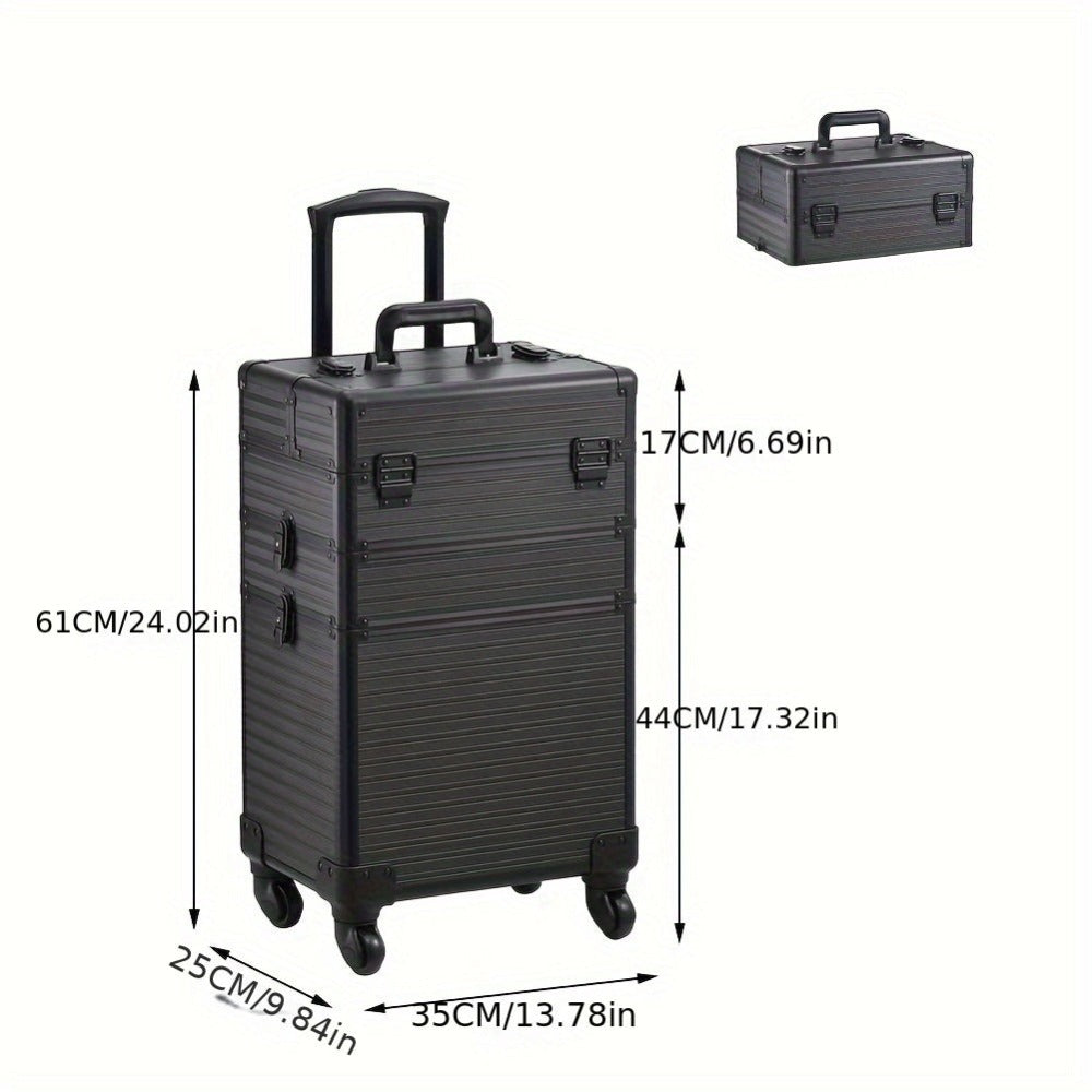 Large 3-in-1 Makeup Trolley Case – Professional Hairdressing Vanity Beauty Box with Wheels, PU Aluminium Frame Cosmetic Storage, 37x25x56cm, Rose Gold & Black