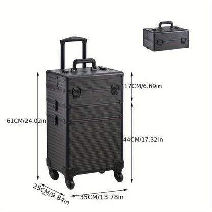Large 3-in-1 Makeup Trolley Case – Professional Hairdressing Vanity Beauty Box with Wheels, PU Aluminium Frame Cosmetic Storage, 37x25x56cm, Rose Gold & Black