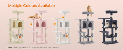 112cm Cat Tree Multi-Level Plush Tower Condo with 4 Scratching Posts, Hammock, Cave & Platforms – Stair-Step Design with Hanging Toys | Easy Assembly Indoor Cat Furniture | Pink White Beige Grey | UK
