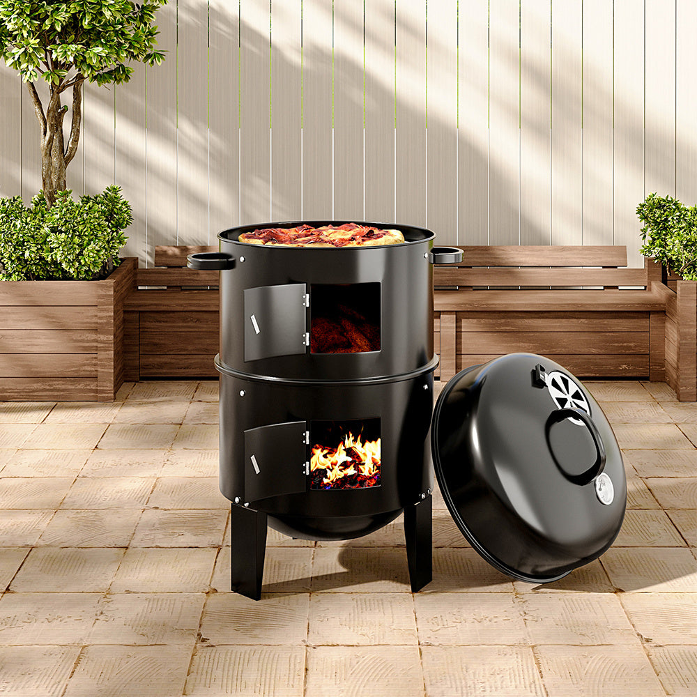 Outdoor Charcoal Smoker BBQ Grill 40x84cm Dual Access Smoking Grill 37cm Diameter Iron Construction Party Family Dinner Garden Barbecue