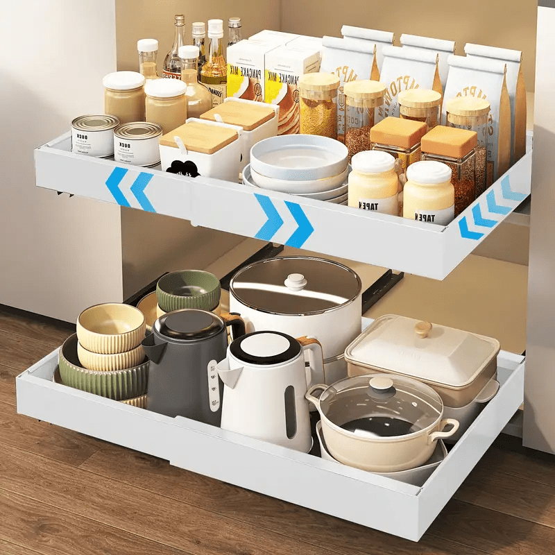 Pull Out Cabinet Organizer, Adjustable Expandable Slide Out Drawer, Roll-Out Sliding Drawer Organiser Shelf for Kitchen & Bathroom Storage,Easy Installation with Adhesive Film