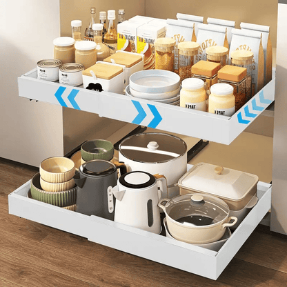 Pull Out Cabinet Organizer, Adjustable Expandable Slide Out Drawer, Roll-Out Sliding Drawer Organiser Shelf for Kitchen & Bathroom Storage,Easy Installation with Adhesive Film