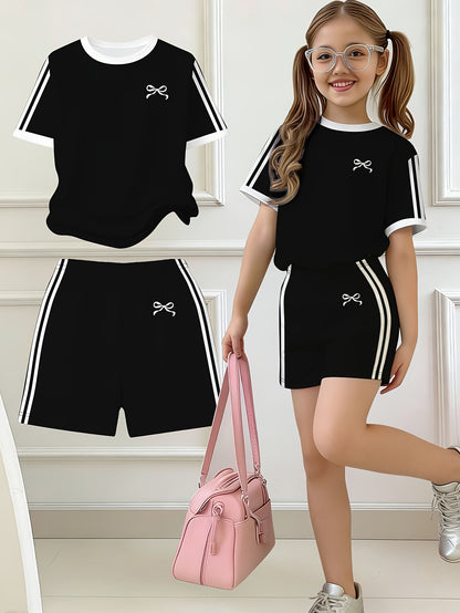 2pcs Set, Easy Bow Print Short Sleeve T-Shirt And Shorts Set, Star Style, Suitable for Spring And Summer, Back-To-School Outfit, Y2K Fashion, Campus Activities, Comfortable Casual, Fashionable And Playful, Hippie Style, Retro Sweet American Style